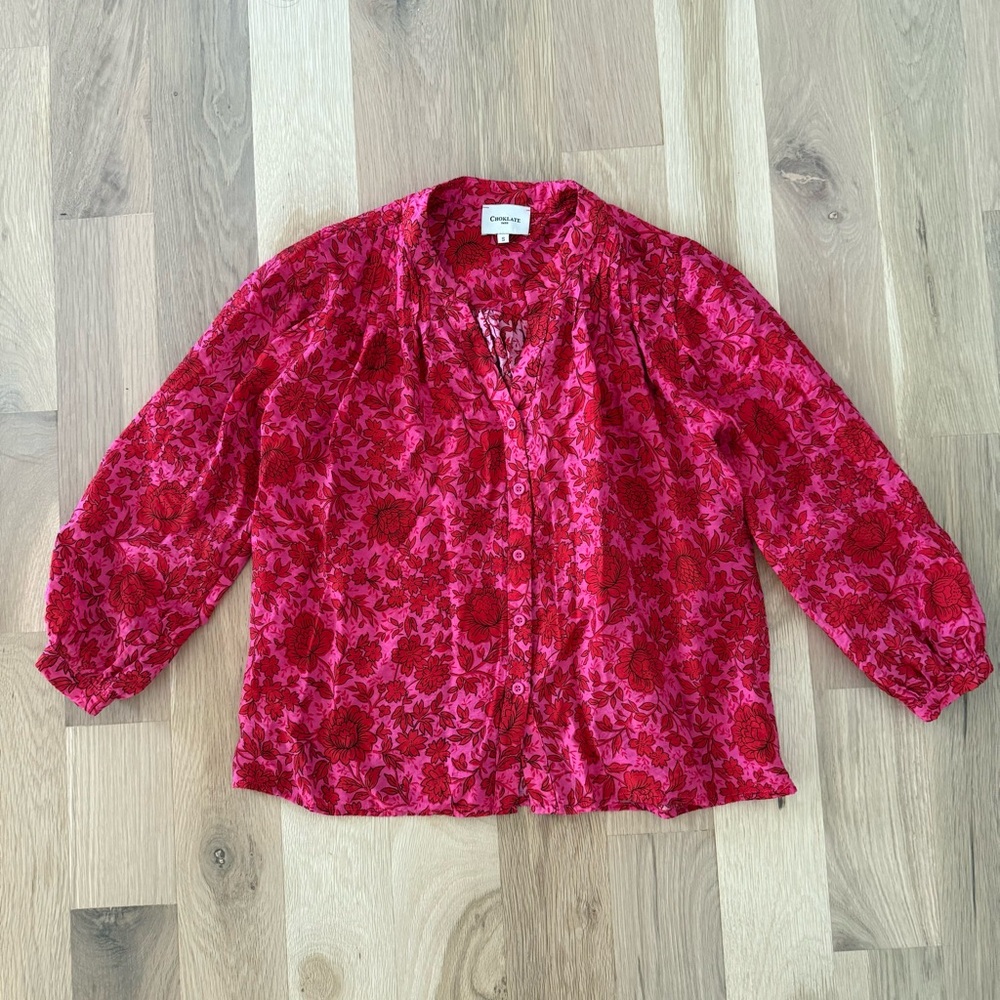 Choklate Paris Silk Blend Pink and Red Floral Button-Front Blouse